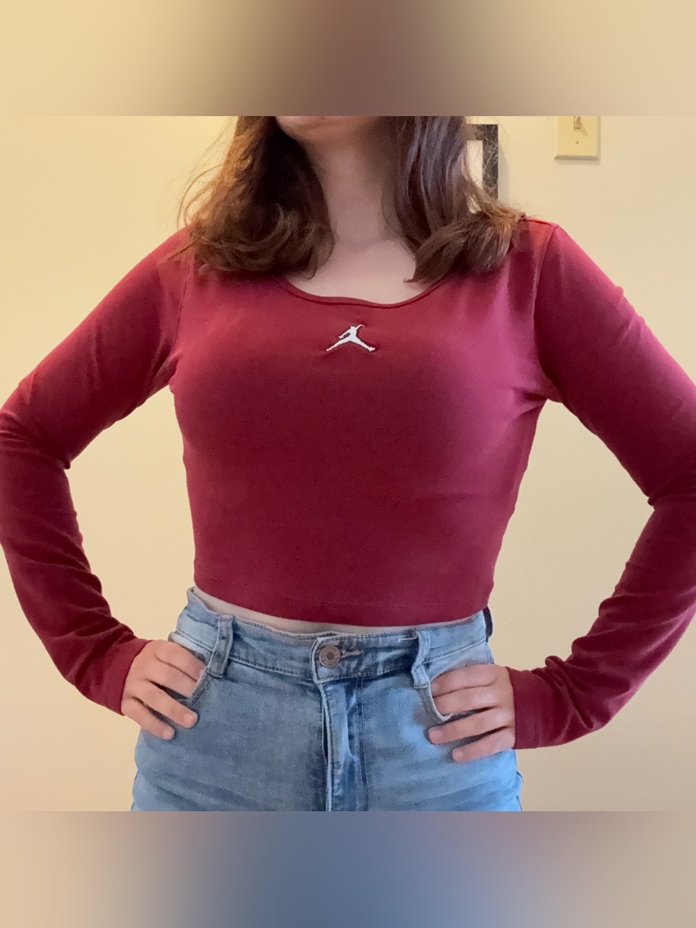 Jordan Women’s Maroon Long-Sleeve Crop Top with Silver Jumpman
